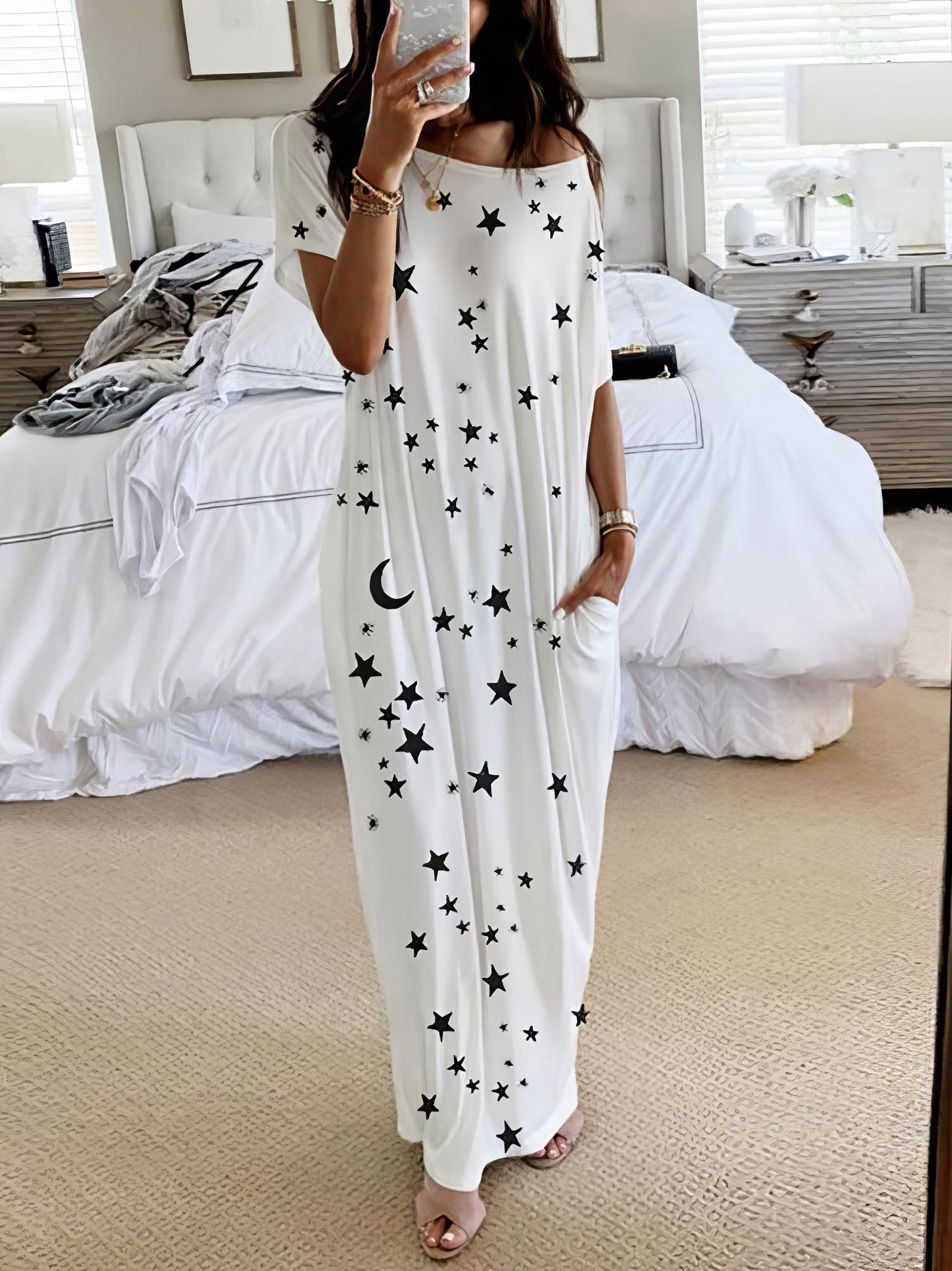 Maxi Dresses - Star And Moon Print Short Sleeve Maxi Dress - MsDressly