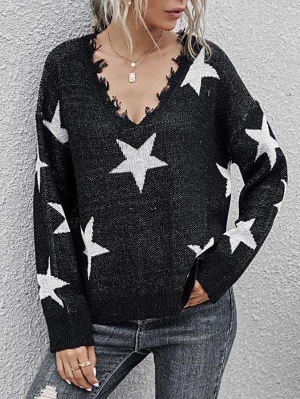 Star Side Slit Distressed V Neck Sweater - LuckyFash™