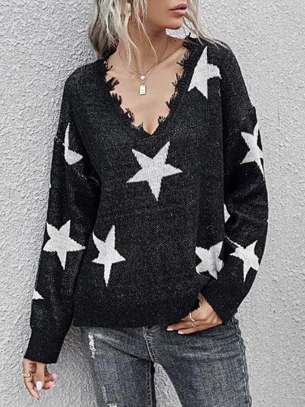 Star Side Slit Distressed V Neck Sweater - LuckyFash™