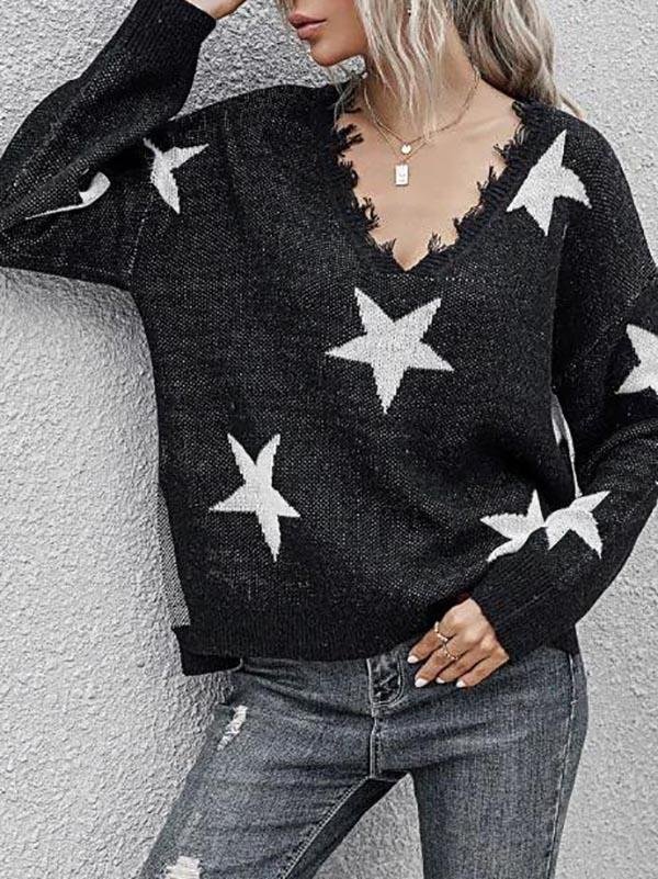 Star Side Slit Distressed V Neck Sweater for Women