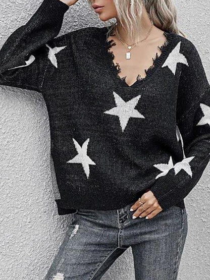 Star Side Slit Distressed V Neck Sweater - LuckyFash™