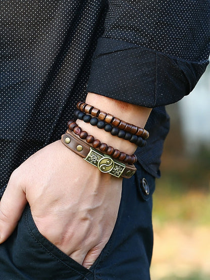 Men Women 4pcs Cuff Links Bead Bracelet Leather Bracelet Gift Daily Retro Fashion European Brown - LuckyFash™