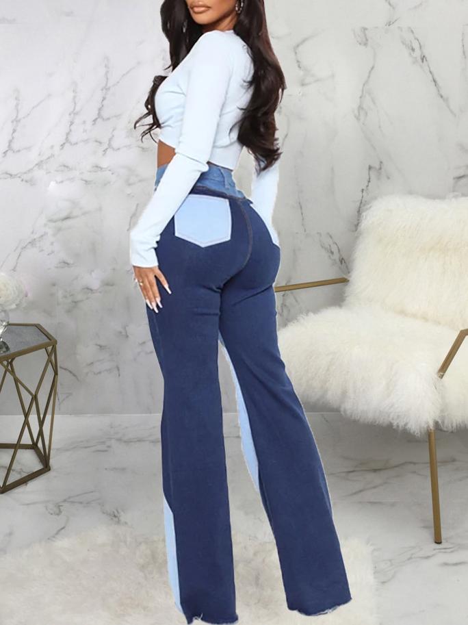 Stitching Washed Denim Stretch Slim Flared Pants - LuckyFash™