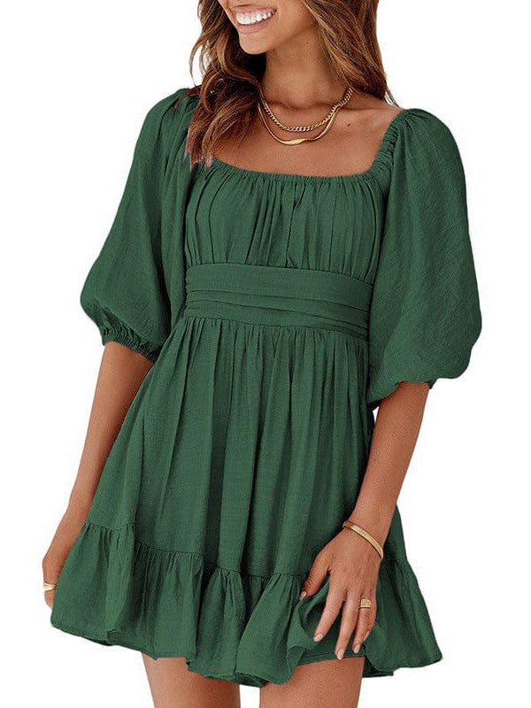 Strappy Sleeve Women's One Shoulder Casual Dress with Solid Color - A-Line Skirt and Lotus Leaf Sleeves