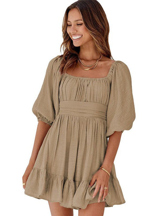 Strappy Sleeve Women's One Shoulder Casual Dress with Solid Color - A-Line Skirt and Lotus Leaf Sleeves
