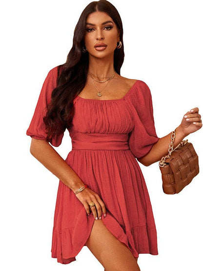 Strappy Sleeve Women's One Shoulder Casual Dress with Solid Color - A-Line Skirt and Lotus Leaf Sleeves