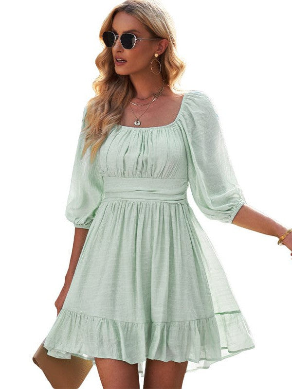 Strappy Sleeve Women's One Shoulder Casual Dress with Solid Color - A-Line Skirt and Lotus Leaf Sleeves