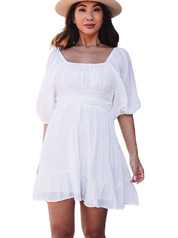 Strappy Sleeve Women's One Shoulder Casual Dress with Solid Color - A-Line Skirt and Lotus Leaf Sleeves