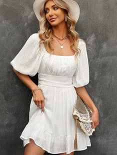 Strappy Sleeve Women's One Shoulder Casual Dress with Solid Color - A-Line Skirt and Lotus Leaf Sleeves