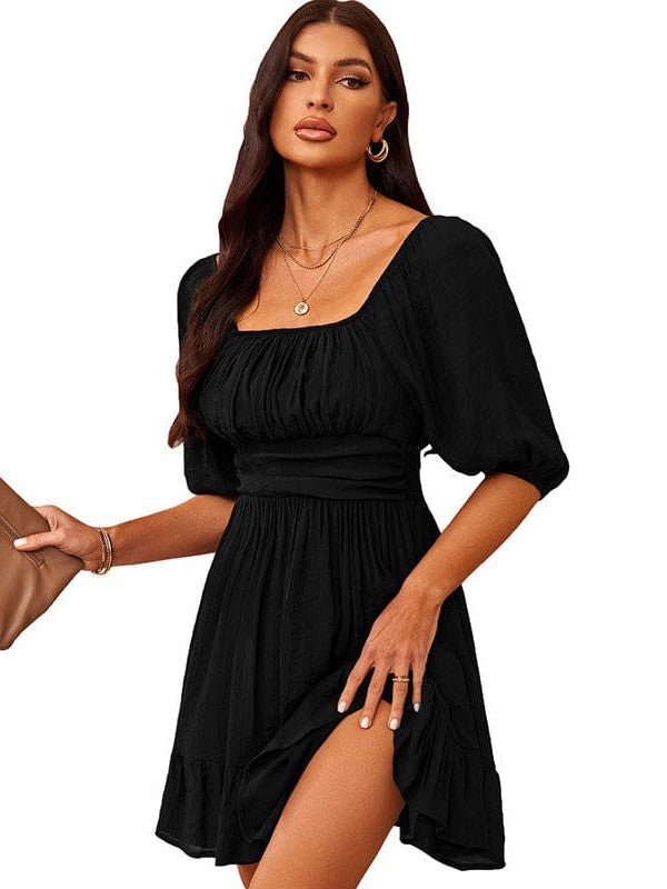 Strappy Sleeve Women's One Shoulder Casual Dress with Solid Color - A-Line Skirt and Lotus Leaf Sleeves