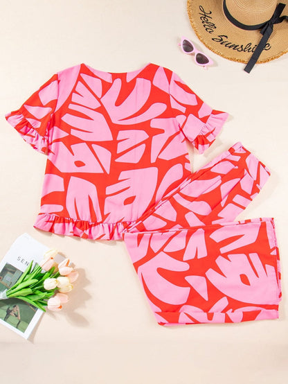 Strawberry Pink Abstract Palm Print Ruffle Top and Wide Leg Pant Set