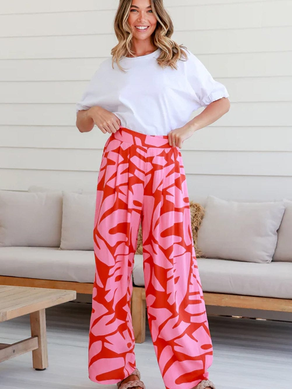 Strawberry Pink Abstract Palm Print Ruffle Top and Wide Leg Pant Set