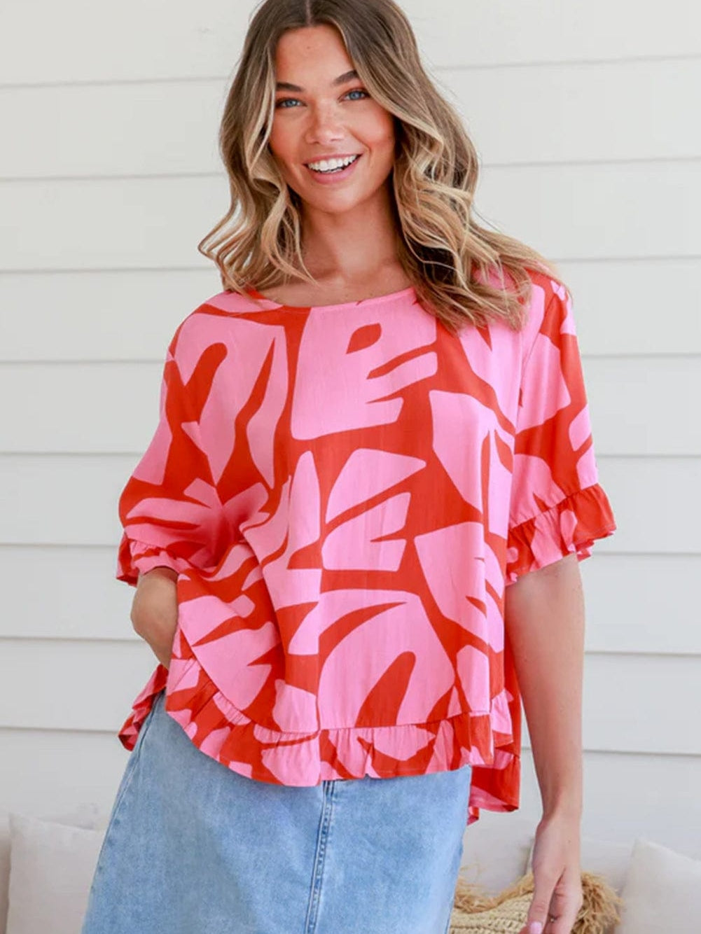 Strawberry Pink Abstract Palm Print Ruffle Top and Wide Leg Pant Set