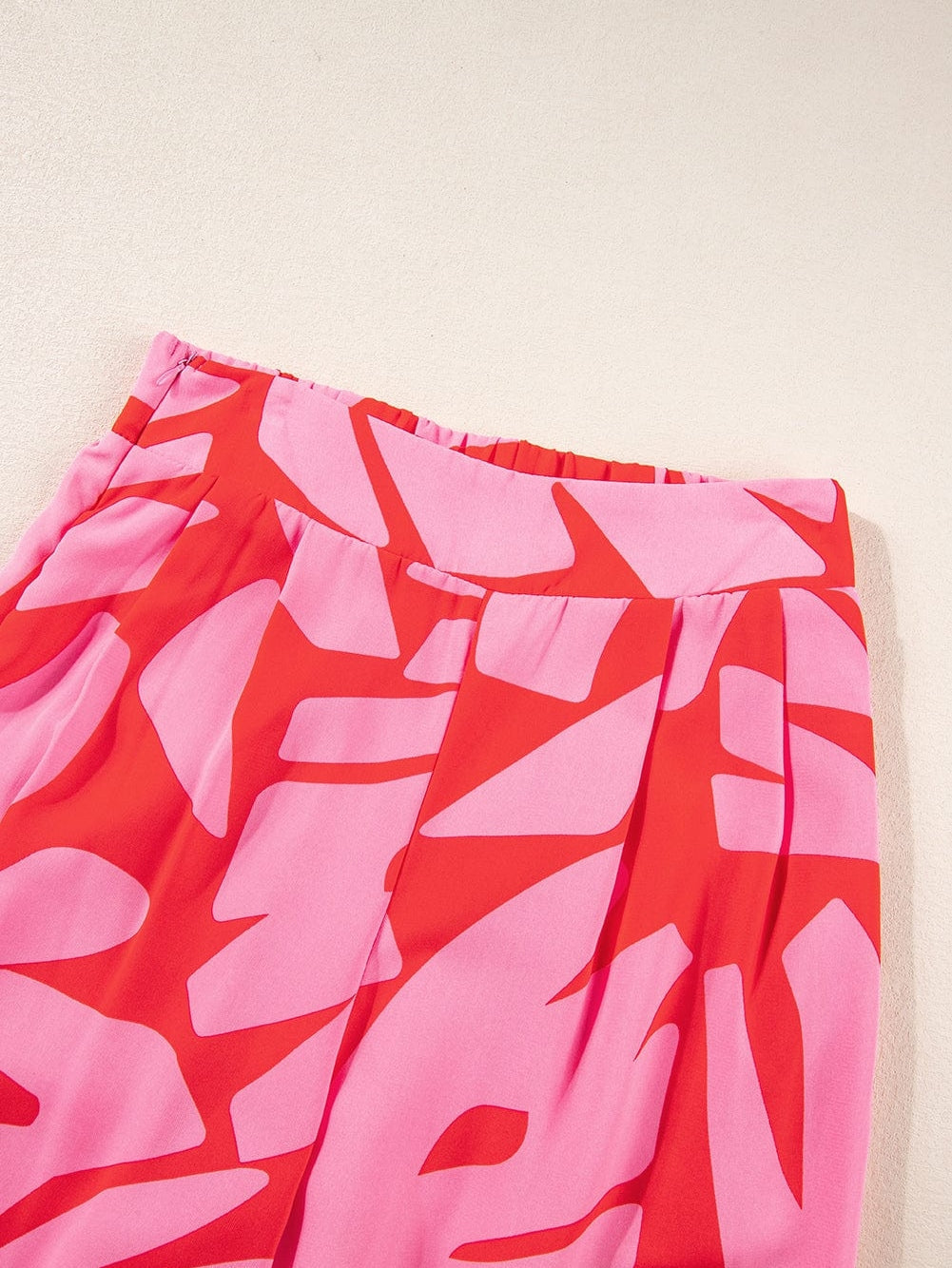 Strawberry Pink Abstract Palm Print Ruffle Top and Wide Leg Pant Set