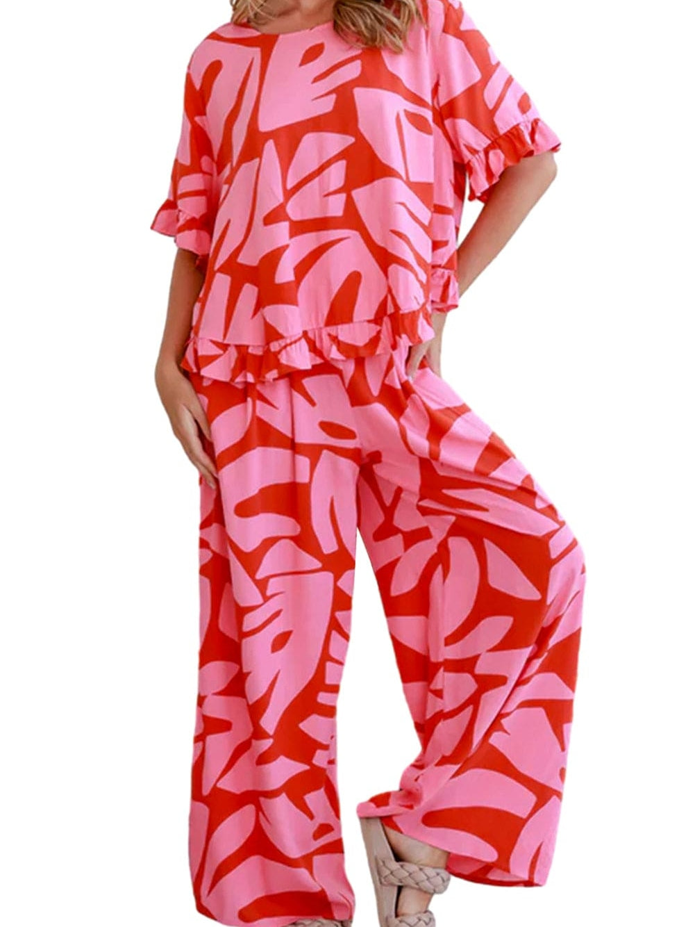 Strawberry Pink Abstract Palm Print Ruffle Top and Wide Leg Pant Set