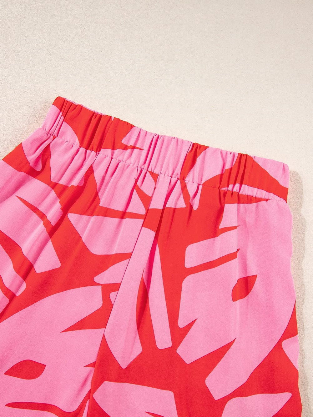 Strawberry Pink Abstract Palm Print Ruffle Top and Wide Leg Pant Set