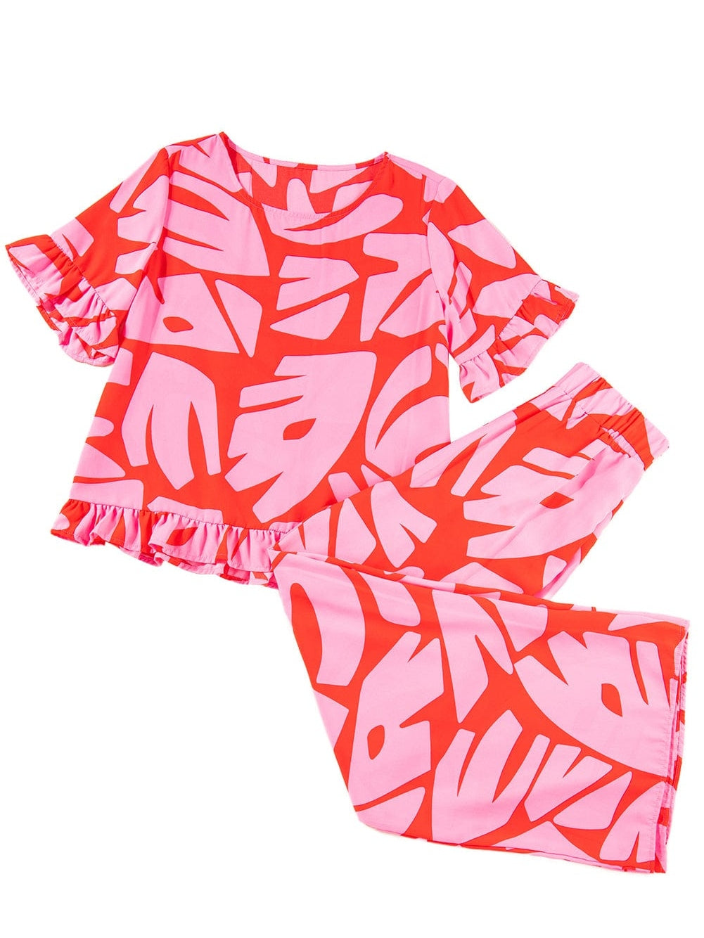 Strawberry Pink Abstract Palm Print Ruffle Top and Wide Leg Pant Set