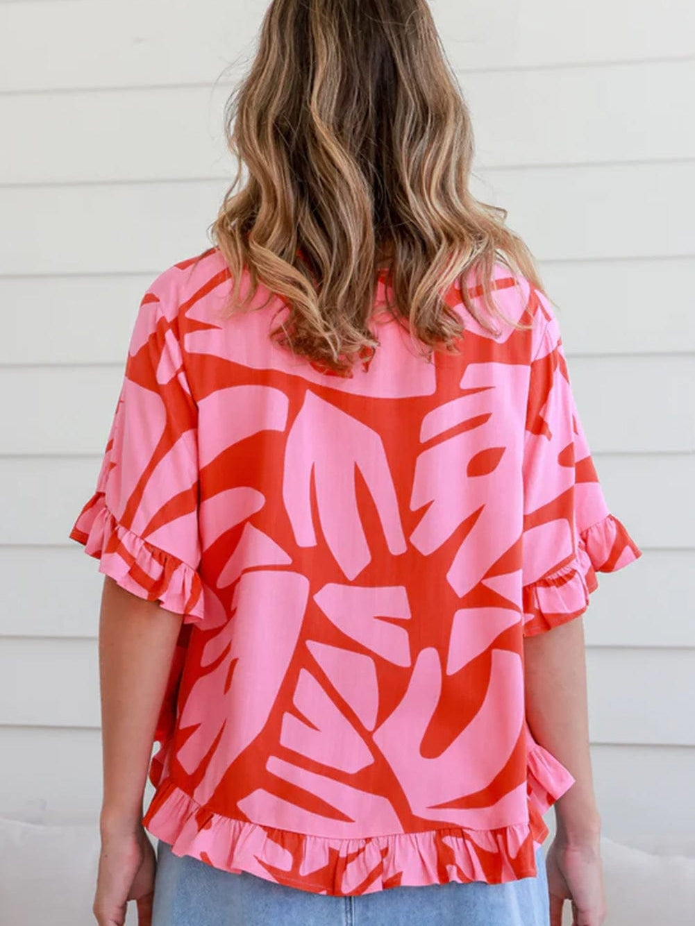 Strawberry Pink Abstract Palm Print Ruffle Top and Wide Leg Pant Set