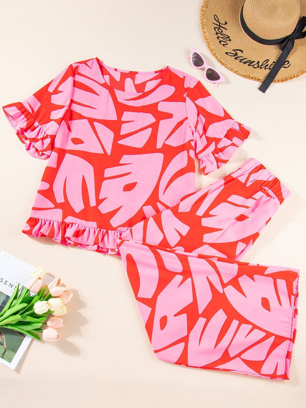 Strawberry Pink Abstract Palm Print Ruffle Top and Wide Leg Pant Set