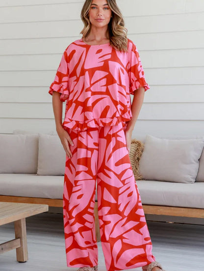 Strawberry Pink Abstract Palm Print Ruffle Top and Wide Leg Pant Set