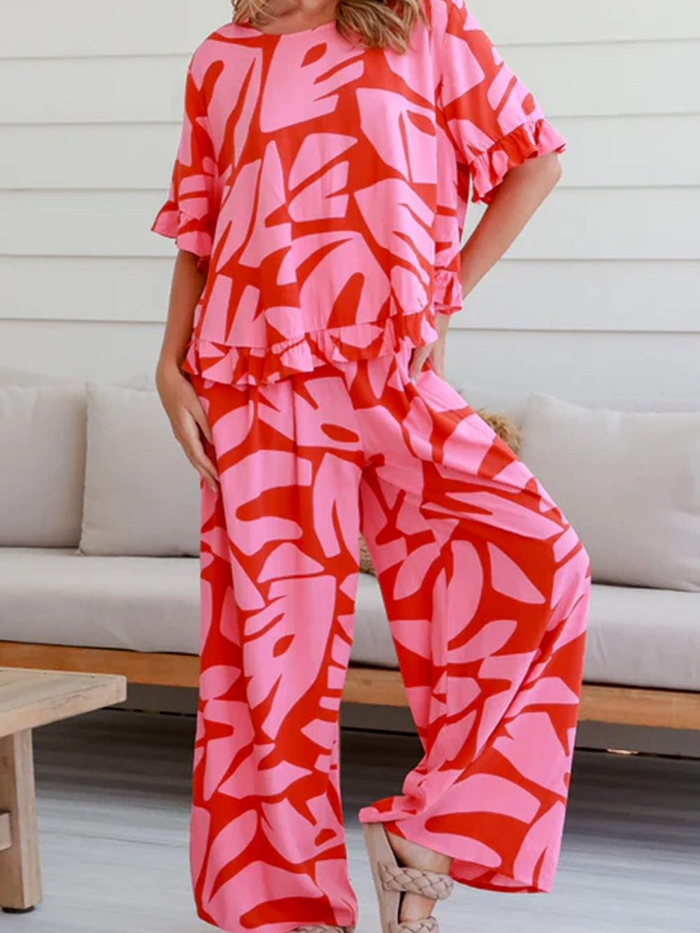 Strawberry Pink Abstract Palm Print Ruffle Top and Wide Leg Pant Set