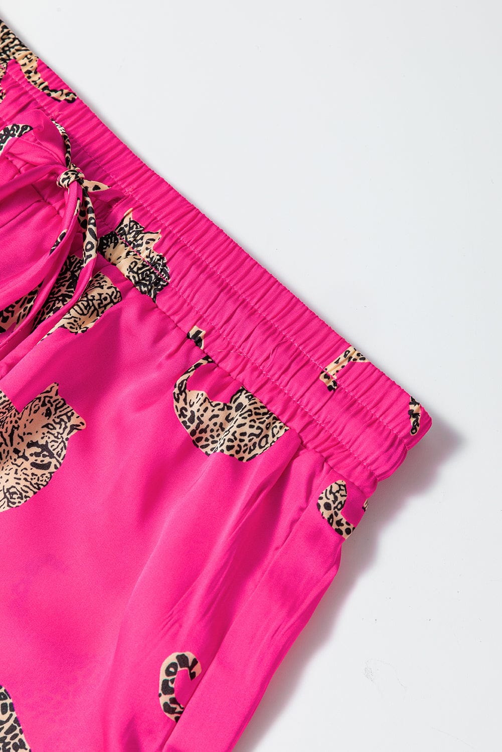 Strawberry Pink Cheetah Satin Lounge Set with Long Sleeve Shirt and High Waist Shorts