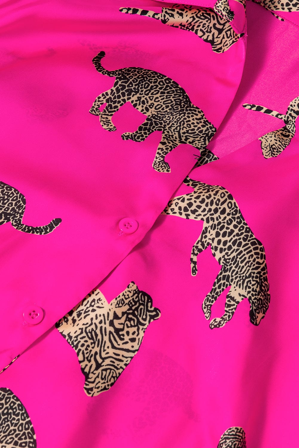 Strawberry Pink Cheetah Satin Lounge Set with Long Sleeve Shirt and High Waist Shorts