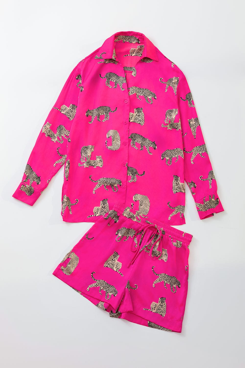 Strawberry Pink Cheetah Satin Lounge Set with Long Sleeve Shirt and High Waist Shorts