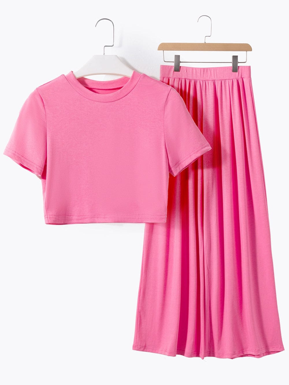 Strawberry Pink Elegant Crop Top and Wide Leg Pants Set