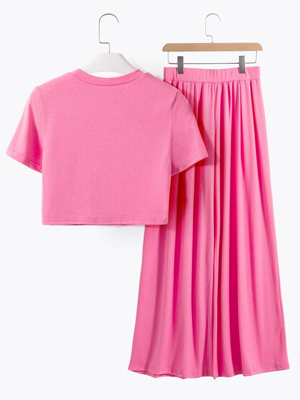 Strawberry Pink Elegant Crop Top and Wide Leg Pants Set