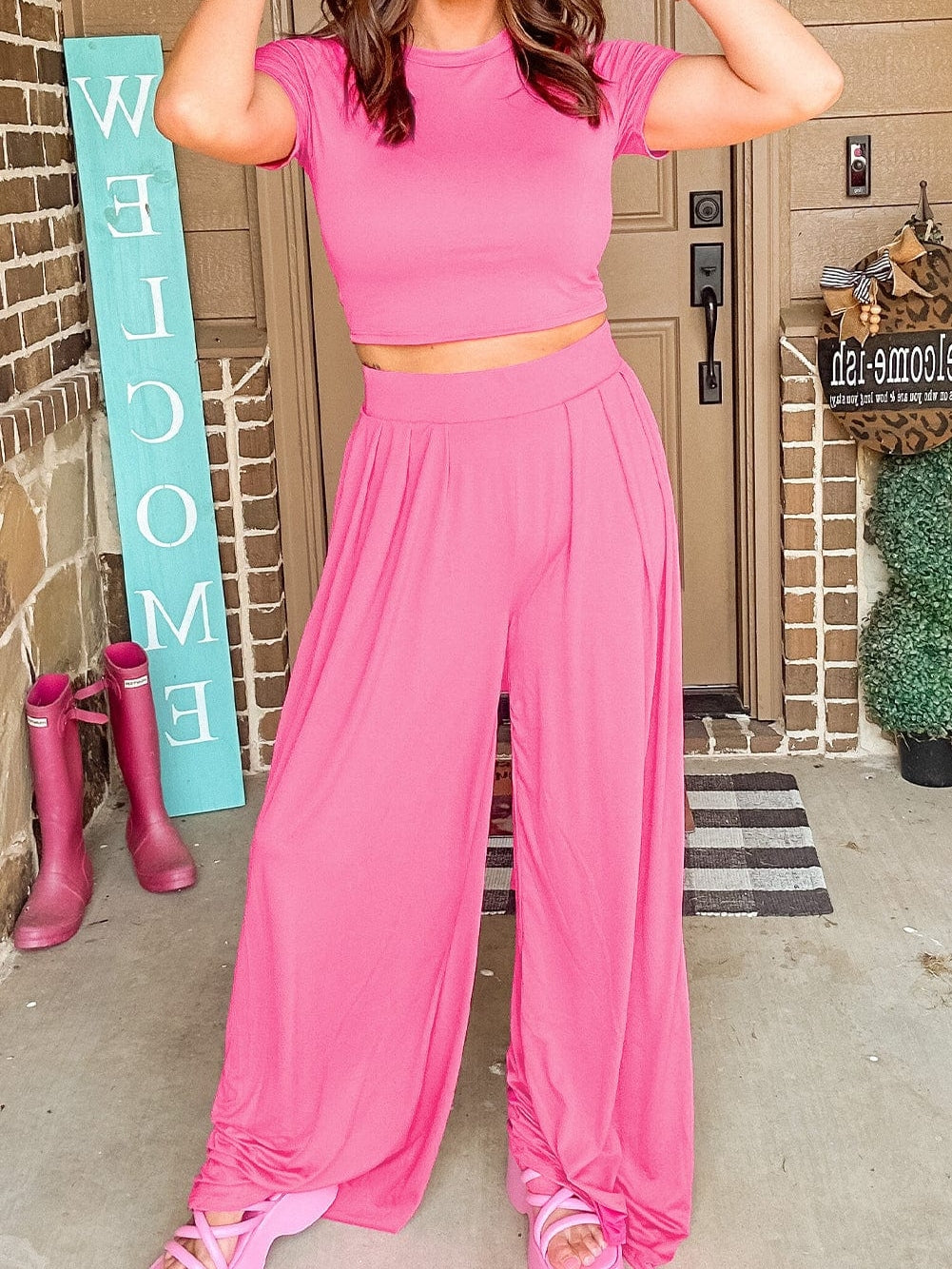 Strawberry Pink Elegant Crop Top and Wide Leg Pants Set