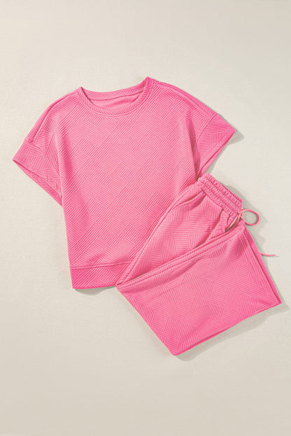 Strawberry Pink Ribbed Casual Two-Piece Set