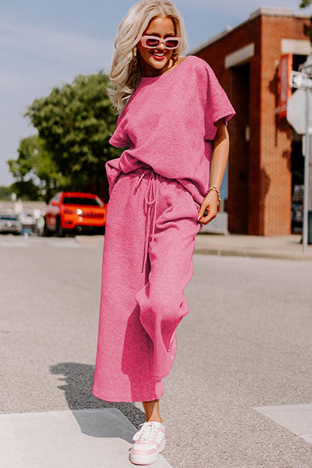 Strawberry Pink Ribbed Casual Two-Piece Set