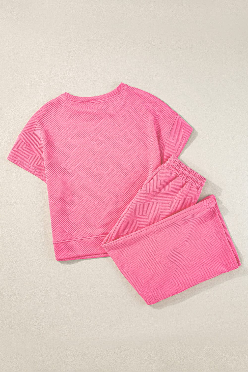 Strawberry Pink Ribbed Casual Two-Piece Set