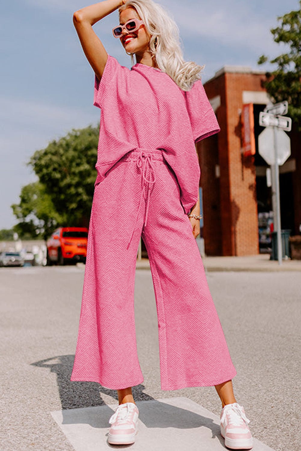 Strawberry Pink Ribbed Casual Two-Piece Set