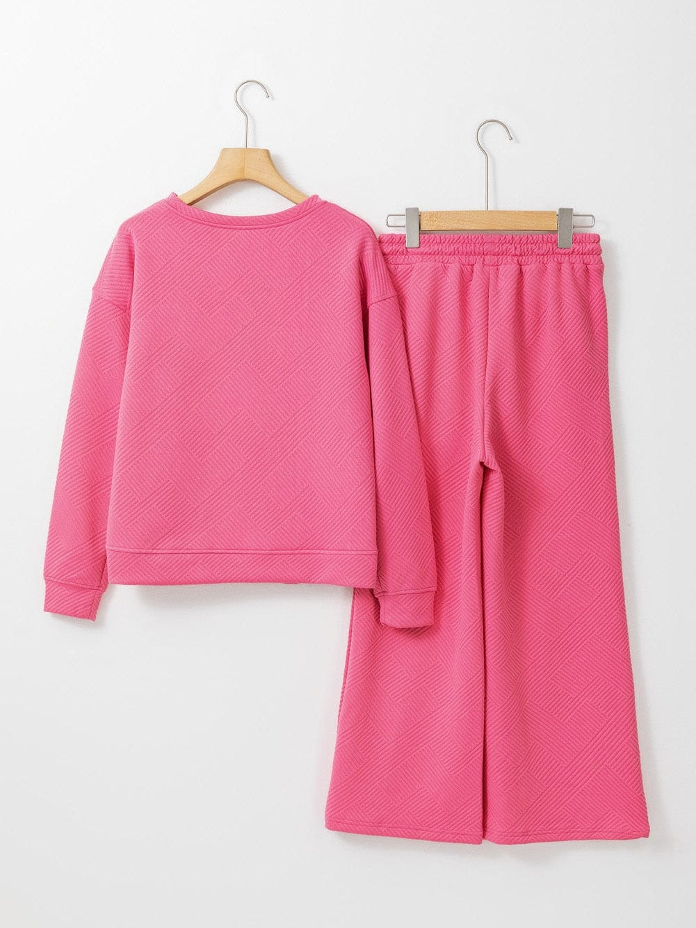 Strawberry Pink Textured Casual Two-Piece Pant Set