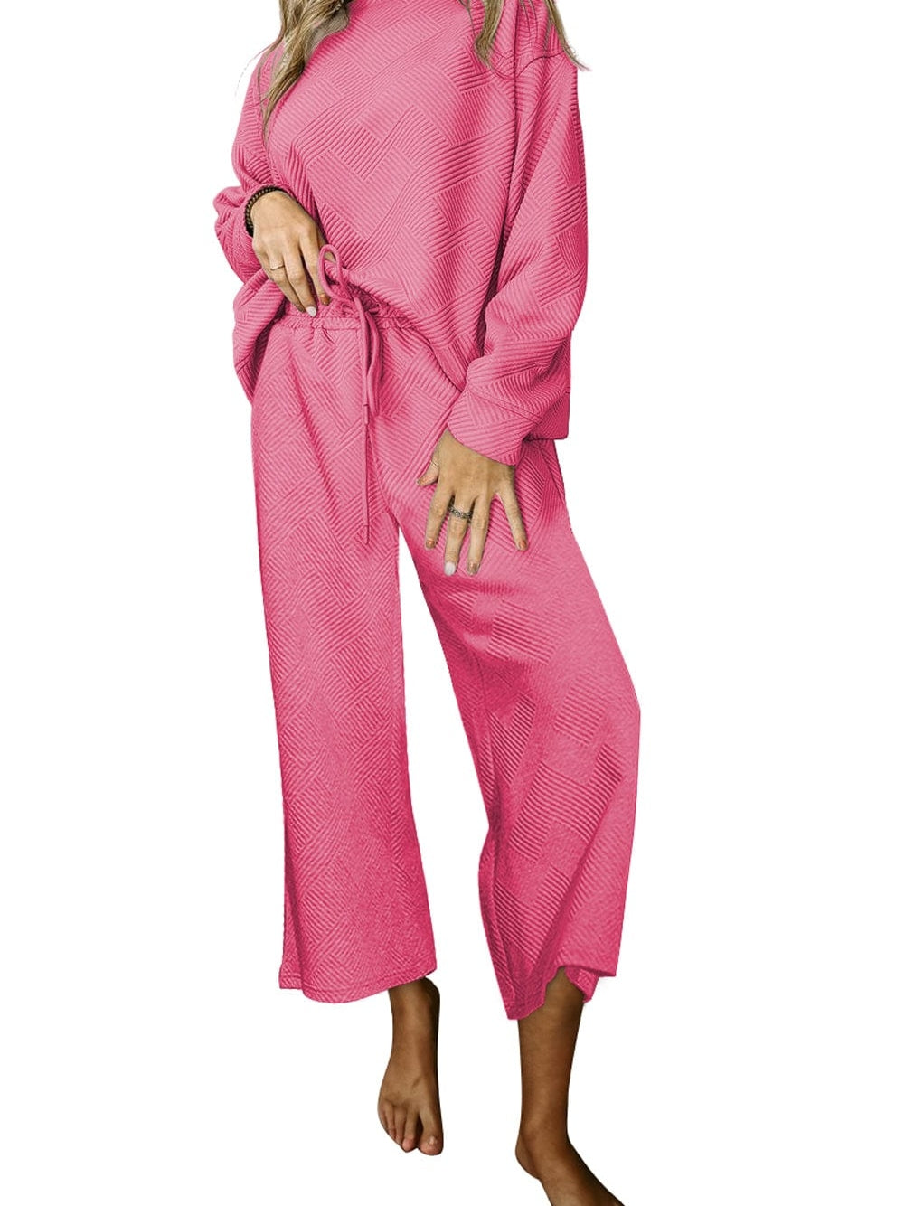 Strawberry Pink Textured Casual Two-Piece Pant Set