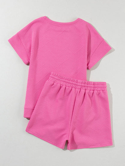 Strawberry Pink Textured Drawstring Shorts Set with Matching Top