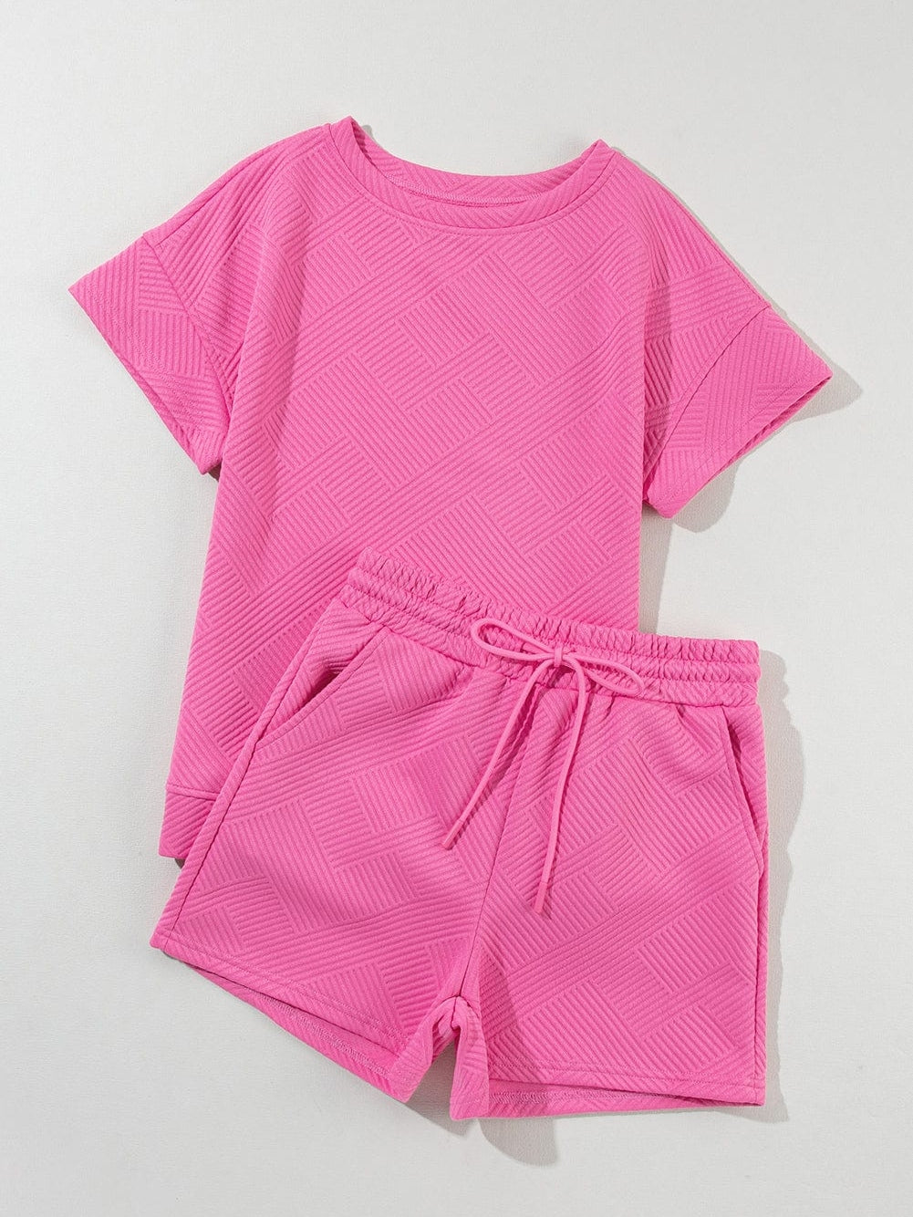 Strawberry Pink Textured Drawstring Shorts Set with Matching Top