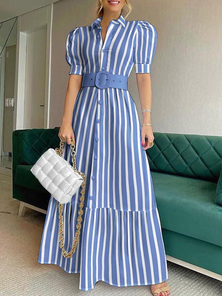 Striped Button Front Puff Sleeve Shirt Dress for Women