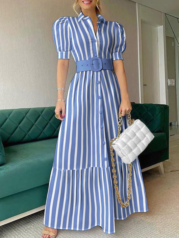 Striped Button Front Puff Sleeve Shirt Dress - LuckyFash™