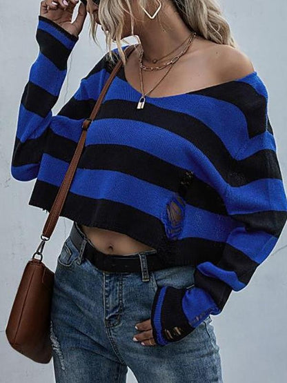 Striped Distressed Drop Shoulder Crop Sweater - LuckyFash™