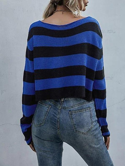 Striped Distressed Drop Shoulder Crop Sweater - LuckyFash™