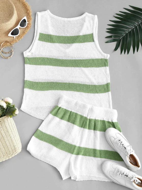 Striped High Low Tank Top and Mini Shorts Knitwear Set - LuckyFash™