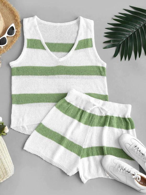 Striped High Low Tank Top and Mini Shorts Knitwear Set for Women