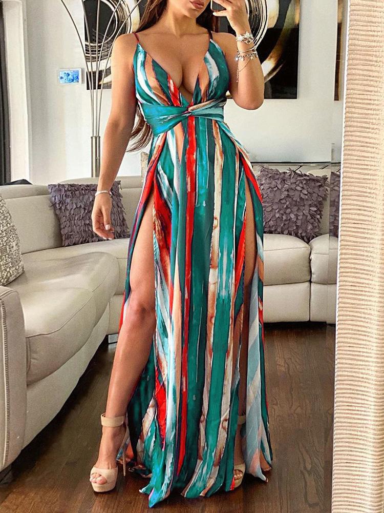 Striped Print Colorblock High Slit Maxi Dress - LuckyFash™