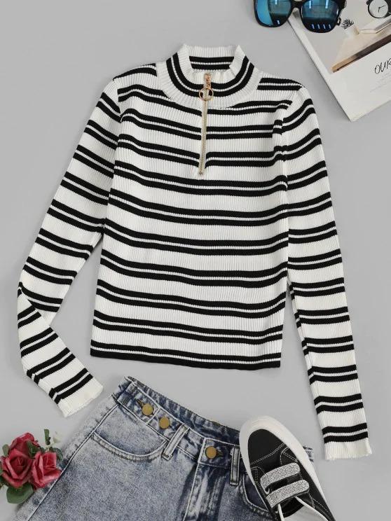 Striped Ribbed Half Zip Jumper Sweater for Women