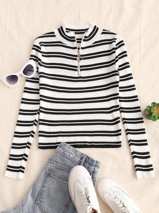 Striped Ribbed Half Zip Jumper Sweater - LuckyFash™