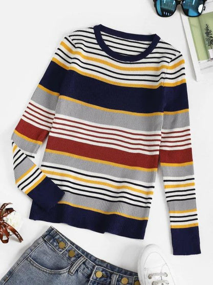 Striped Ribbed Slim Sweater for Women