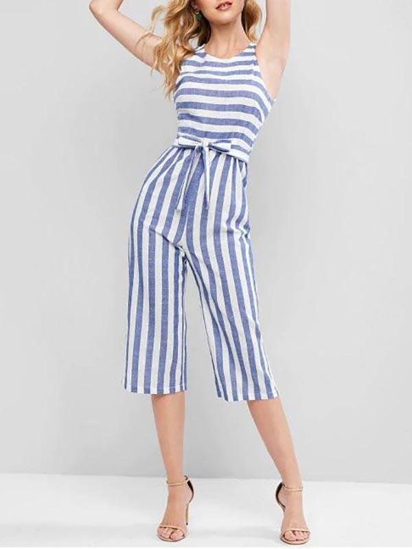 Striped Sleeveless Capri Jumpsuit for Women